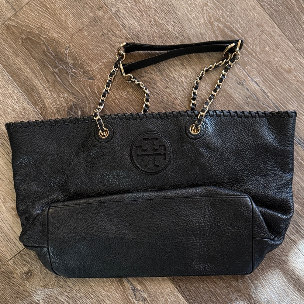 Tory Burch Black Leather Tote with Gold Chain Accents!